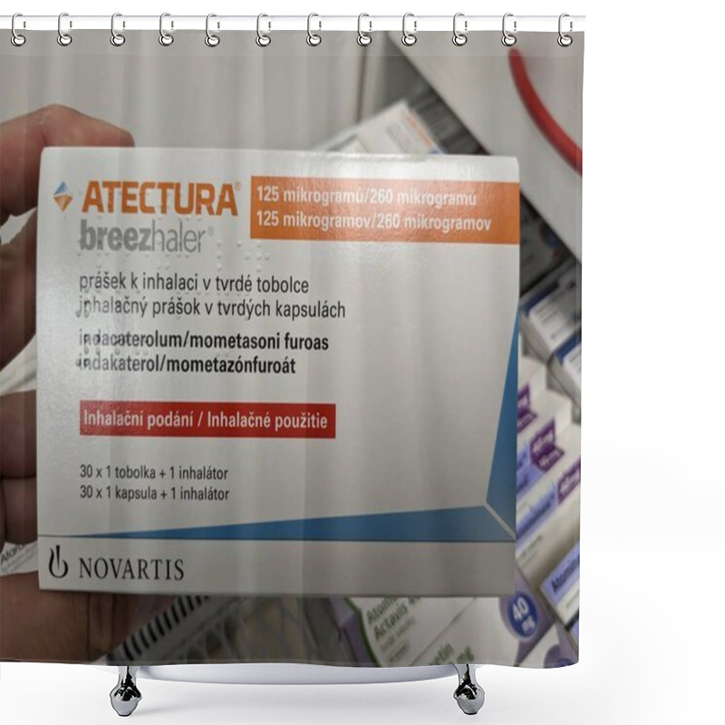 Personality  Prague,Czech Republic-August 7 2024: ATECTURA Box Of Medication With INDACATEROL And MOMETASONE Active Substances By NOVARTIS,used For Treatment Of Asthma,COPD Shower Curtains