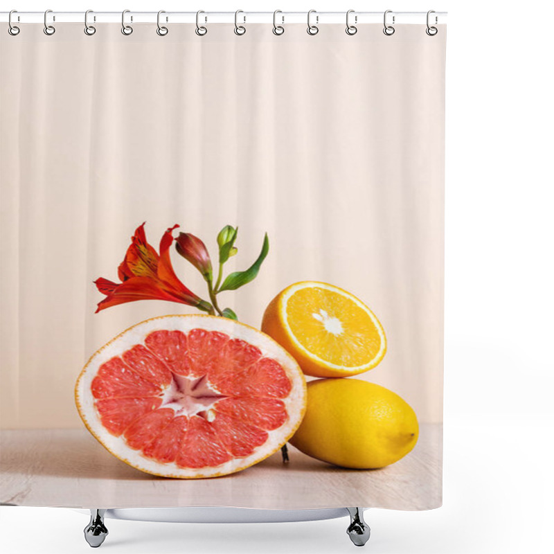 Personality  Floral And Fruit Composition With Red Alstroemeria And Citrus Fruits Isolated On Beige Shower Curtains