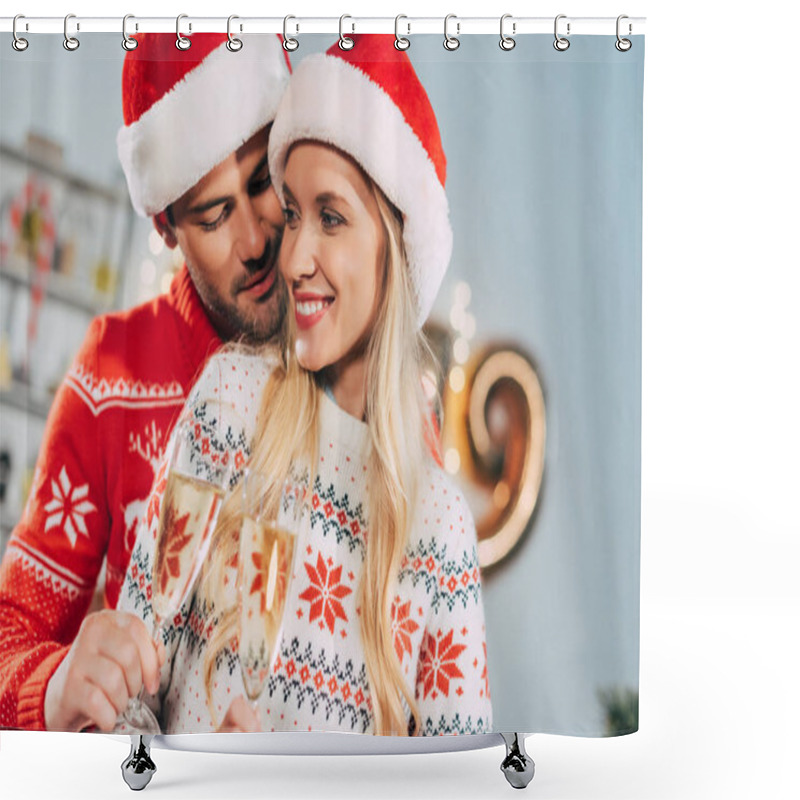 Personality  Smiling Couple In Santa Hats Clinking With Champagne Glasses On Christmas Eve Shower Curtains