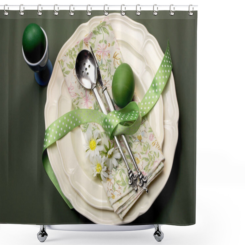 Personality  Green Theme Happy Easter Dinner Or Breakfast Table Setting Shower Curtains