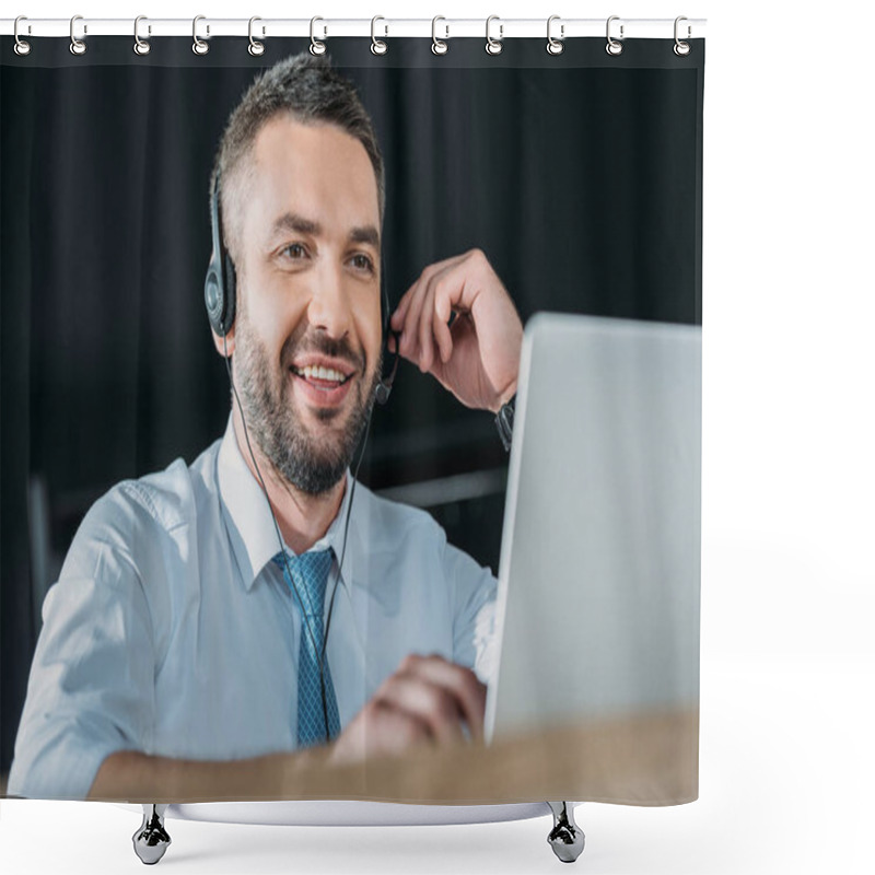 Personality  Smiling Support Hotline Worker With Laptop And Microphone At Work Shower Curtains