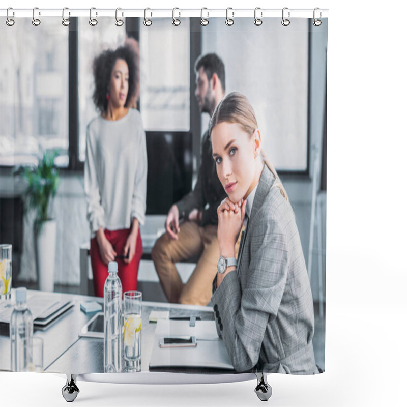 Personality  Pensive Businesswoman Sitting At Table In Office And Looking At Camera Shower Curtains