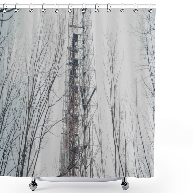 Personality  Abandoned Radio Station And Trees In Chernobyl Zone Under Grey Sky Shower Curtains