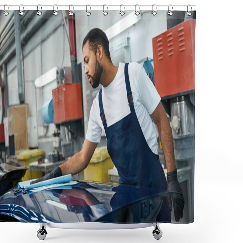 Personality  Handsome Young Mechanic Focuses Intently On Polishing The Surface Of A Car In An Auto Shop. Shower Curtains