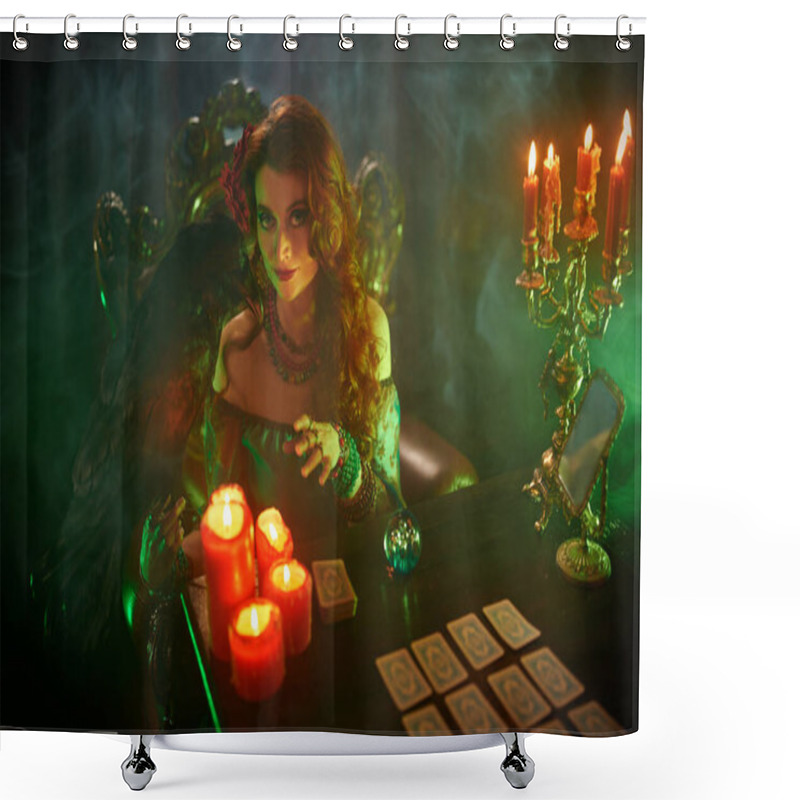 Personality  A Beautiful Red-haired Fortune Teller Is Talking To A Black Raven. The Atmosphere Of Magic And Sorcery, Magic Crystal Ball And Tarot Cards. Shower Curtains