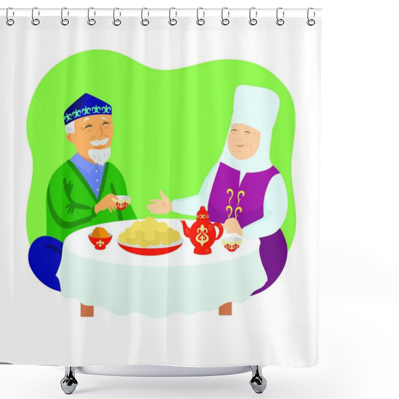 Personality  Kazakh Old Man And Old Woman Drink Tea. Vector. Shower Curtains