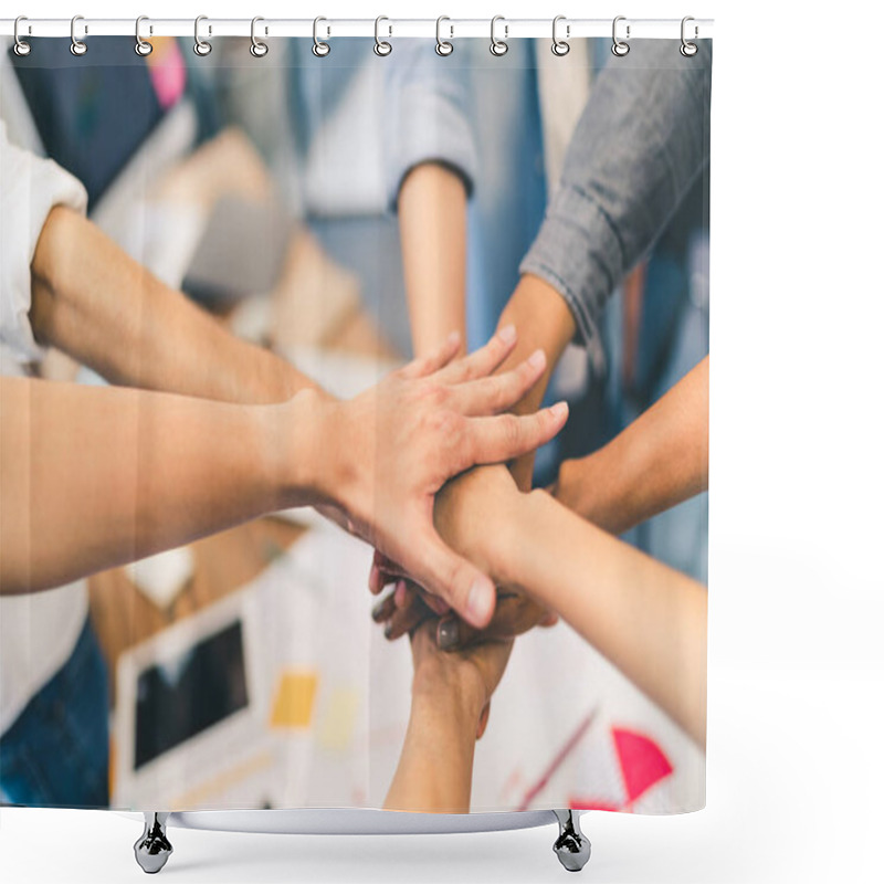 Personality  Business Partners Teamwork Or Friendship Concept. Multiethnic Diverse Group Of Colleagues Join Hands Together. Creative Team, Coworkers, Or College Students In Project Meeting At Modern Office. Shower Curtains