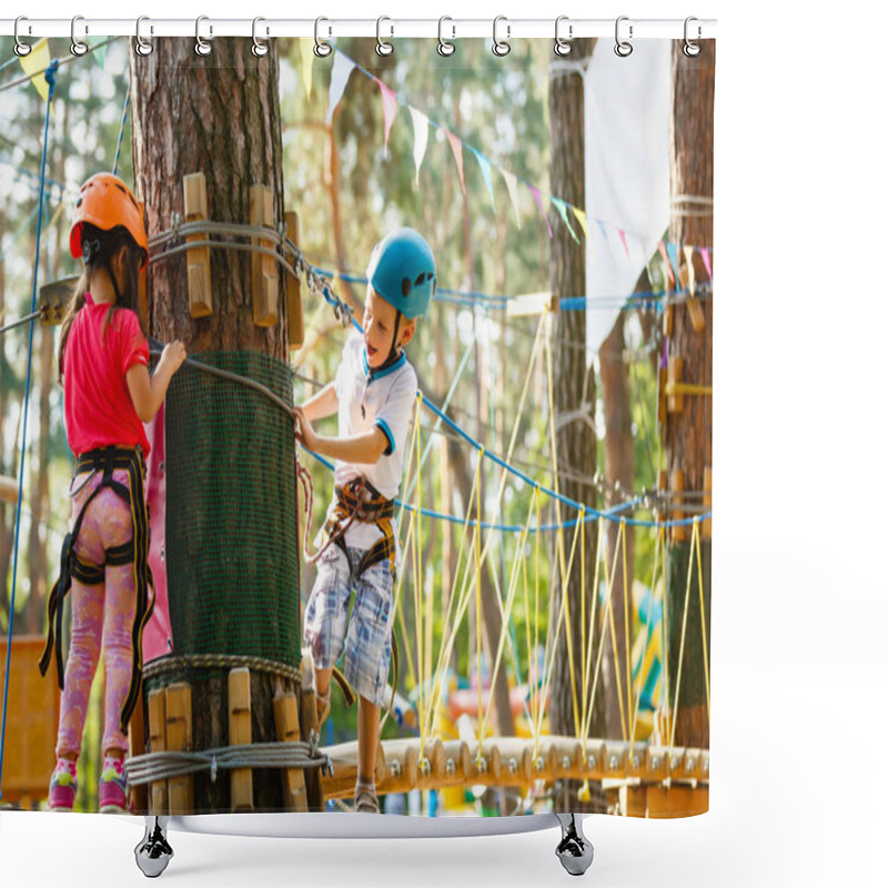 Personality  Toddler Boy And Girl Climbing On Ropes Of Equipment On Playground Shower Curtains