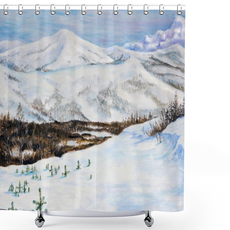 Personality  Winter Landscape With Snow-capped Mountains. Oil Painting Shower Curtains