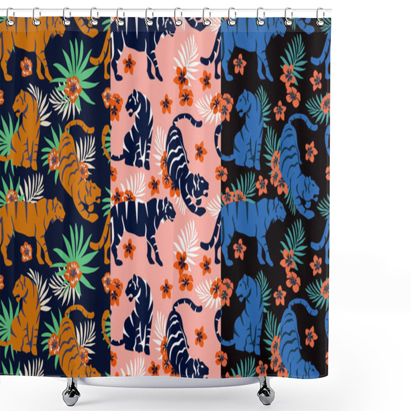 Personality  Set Vector Seamless Pattern With Cute Tigers With Tropical Leaves And Exotic Plants On A Pastel Background. Fashionable Fabric Design. Ideal For Wallpapers, Web Page Backgrounds, Surface Textures, Textiles. Janapese Fashion Ornament Shower Curtains