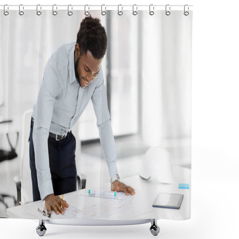 Personality  Smiling African Architect With Blueprint At Office Shower Curtains