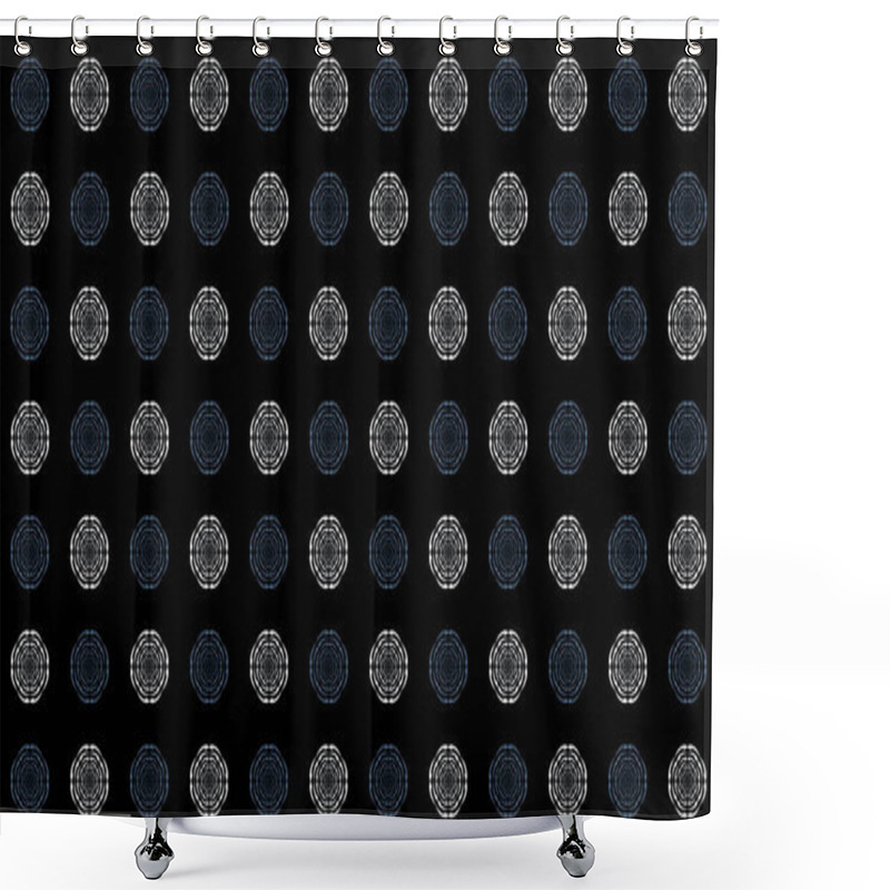 Personality  Alternating White And Blue Circles Are Arranged In Rows. Flowers Of Rings Of Two Colors Are Arranged In A Checkerboard Pattern. Shower Curtains