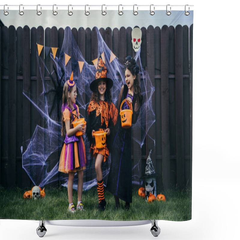 Personality  Cheerful Preteen Girls In Costumes Holding Buckets Near Festive Halloween Decor On Fence Outdoors Shower Curtains