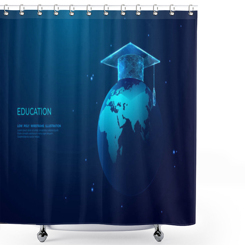 Personality  Graduation Cap On Abstract Digital Globe Earth. Global Education High-quality Concept. Technological Planet With A Science Sign In Blue On Dark Background. Low Poly Wireframe Vector Illustration. Shower Curtains