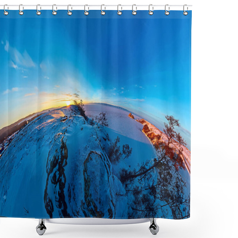 Personality  Wide Aerial Shaman Rock Cape At Dawn On The Island Of Olkhon Shower Curtains