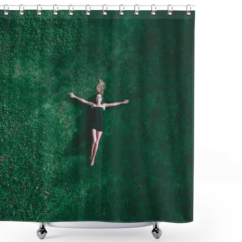 Personality  Aerial Top View Of Happy Woman Relaxing On The Grass During Sunny Summer Day Shower Curtains