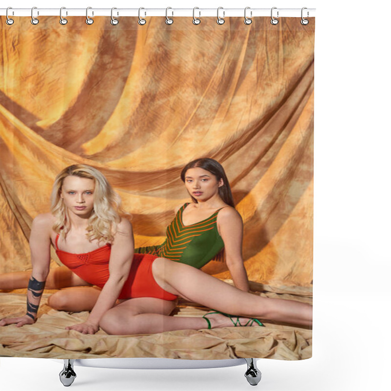 Personality  Fashion Models, Multicultural Women In Swimwear Sitting On Beige Backdrop With Drapery, Diversity Shower Curtains