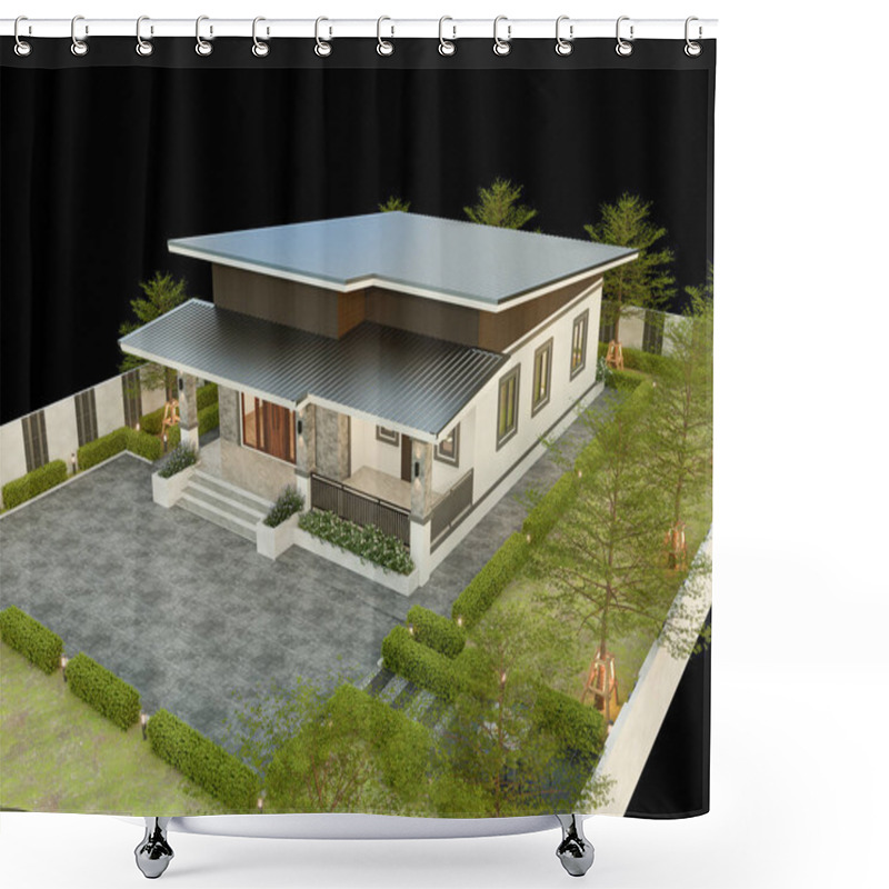 Personality  Modern House Exterior Day Light With Lawn Grass.3d Rendering. Shower Curtains