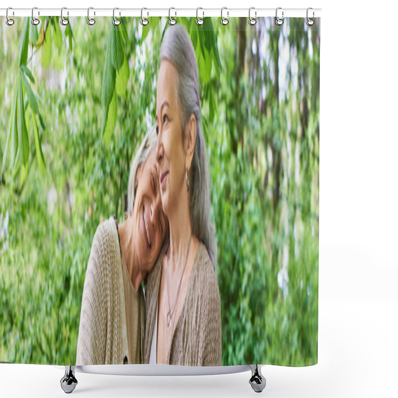 Personality  Two Middle-aged Women Wearing Cardigans Hug Each Other In A Lush Forest Setting. Shower Curtains