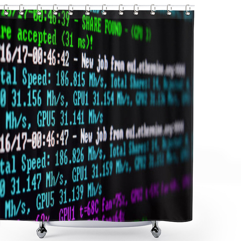 Personality  Macro Snapshot Of The Program Interface For Crypto Currency Mining On The Monitor Of An Office Computer. The Concept Of Mining Bitcoins. The Flow Of Information Strings And Data Shower Curtains