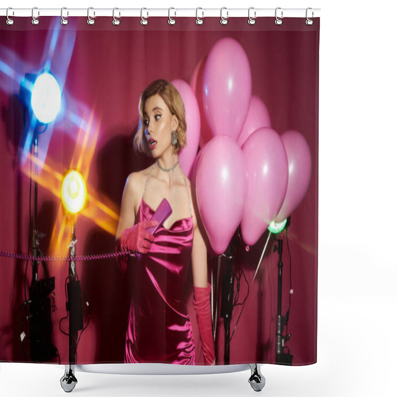 Personality  A Woman In A Vibrant Pink Dress Poses With Balloons In A Studio Setting. Shower Curtains