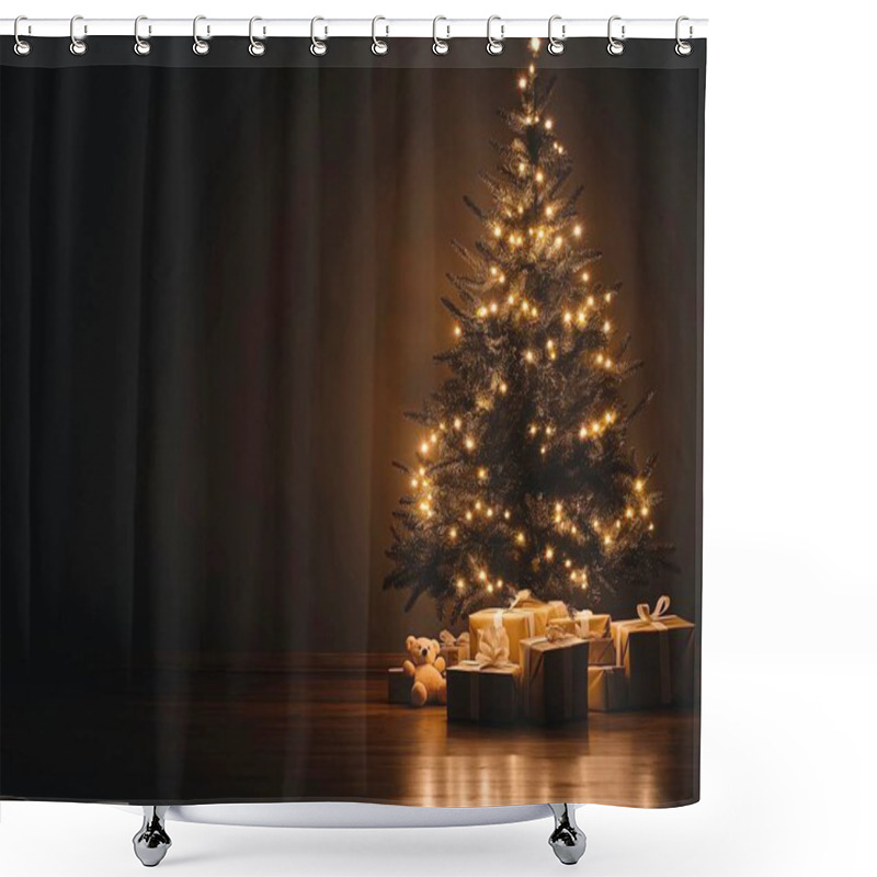 Personality  A Beautifully Decorated Christmas Tree With Warm Lights And Gifts Below. Shower Curtains