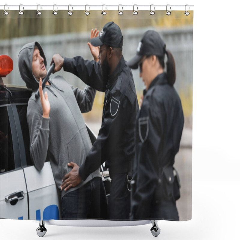 Personality  African American Policeman With Truncheon Frisking Offender With Raised Hands On Blurred Foreground Outdoors Shower Curtains