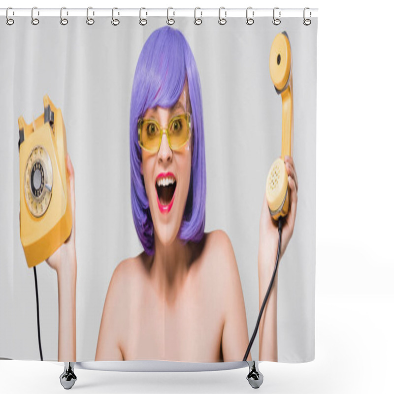 Personality  Excited Nude Woman In Purple Wig Holding Retro Telephone, Isolated On Grey Shower Curtains