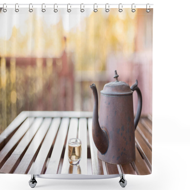 Personality  Antique Asian Style Tea Set On A Wooden Table On Blurred Backgro Shower Curtains