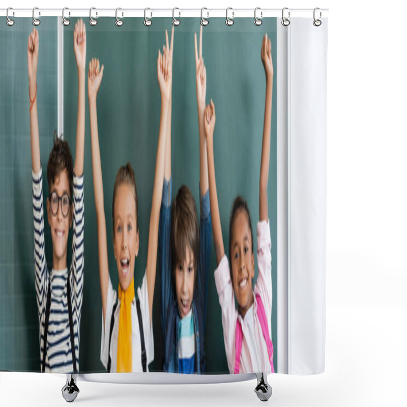 Personality  Horizontal Crop Of Multiethic Classmates With Backpacks Showing Yeah And Peace Gestures Near Chalkboard  Shower Curtains