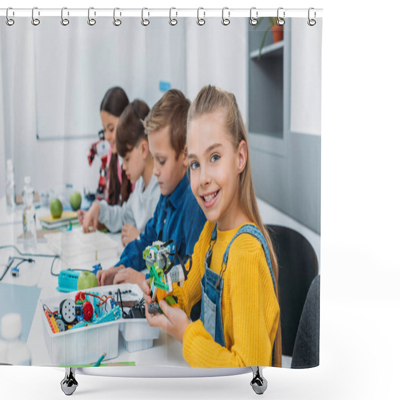 Personality  Cheerful Classmates Making A Robot During STEM Robotics Class Shower Curtains