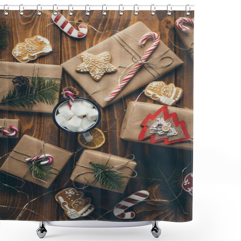 Personality  Cup Of Hot Chocolate With Marshmallows On Wooden Table With Christmas Gifts Shower Curtains