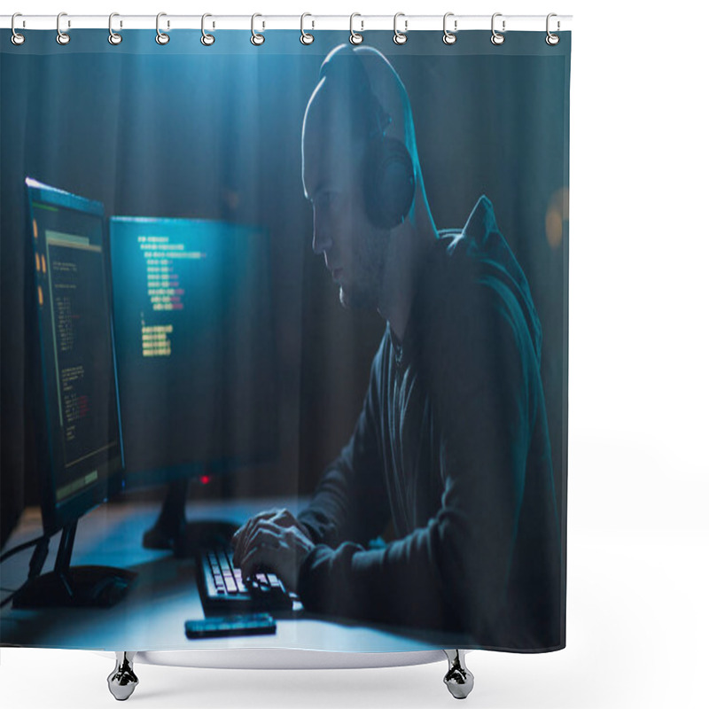 Personality  Hacker With Coding On Laptop Computer In Dark Room Shower Curtains