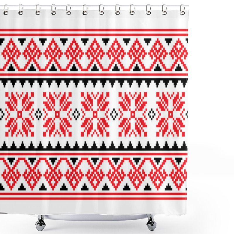 Personality  Ukrainian, Belarusian Cross-stitch Vector Seamless Pattern, Long Retro Ornament Inpired By Folk Art - Vyshyvanka. Slavic Ornament From Eastern Europe, Horizontal Decoration In Red And Black  Shower Curtains