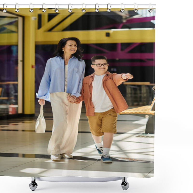 Personality  A Mother And Her Son With Down Syndrome Walk Hand-in-hand Through A Shopping Mall, Enjoying A Day Out Together. Shower Curtains