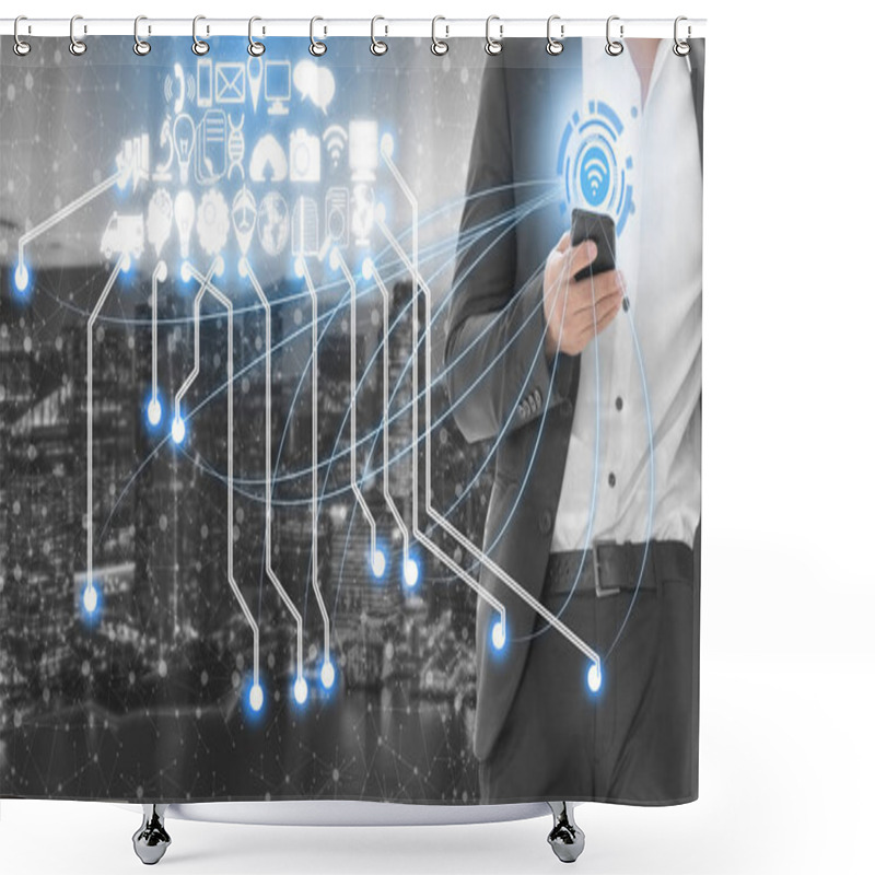 Personality  Smart City Wireless Communication Network With Graphic Showing Concept Of Internet Of Things ( IOT ) And Information Communication Technology ( ICT ) Against Modern City Buildings In The Background. Shower Curtains