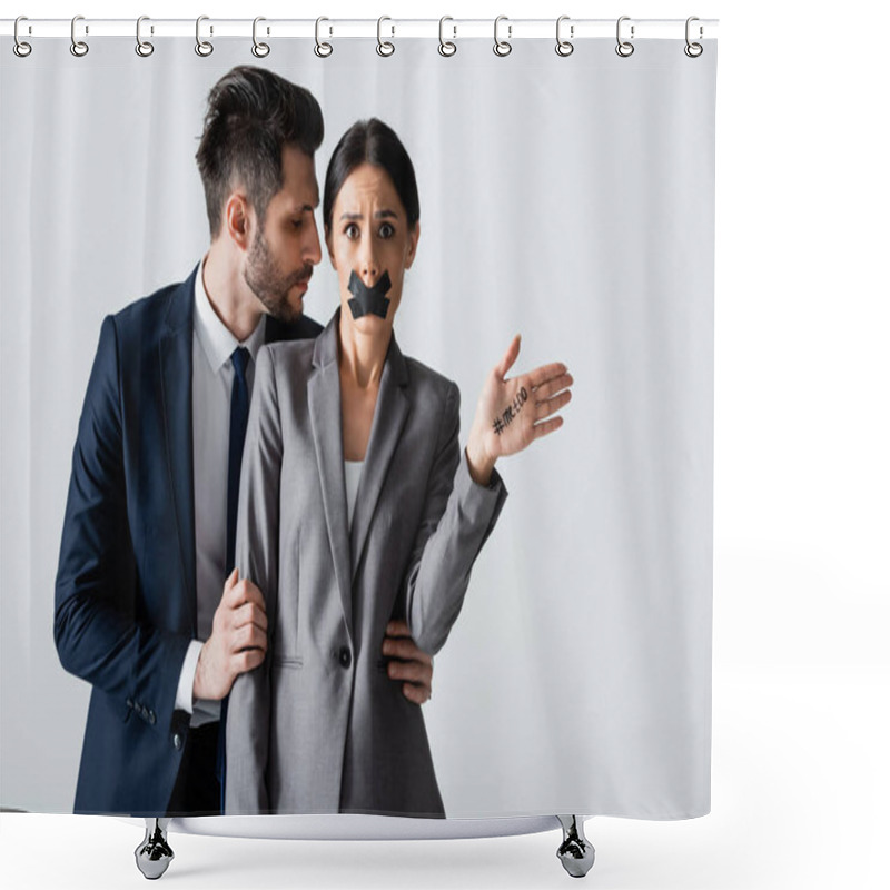 Personality  Businessman In Formal Wear Molesting Businesswoman With Scotch Tape On Mouth Showing Hand With Me Too Lettering Isolated On White Shower Curtains