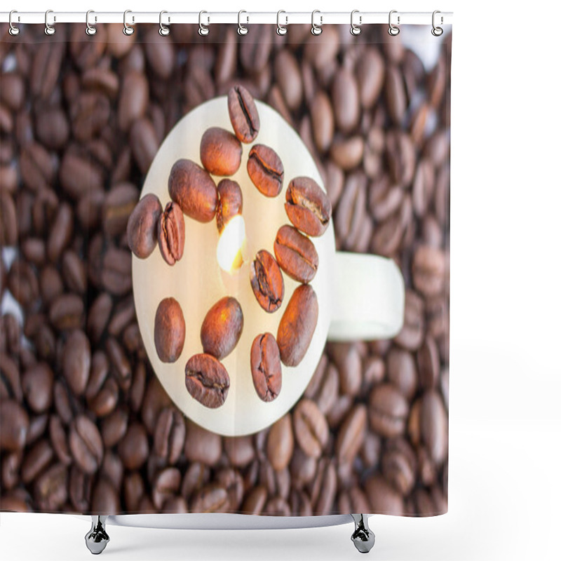 Personality  Cup Candle With Warm Flame In Scattered Roasted Coffee Beans Shower Curtains