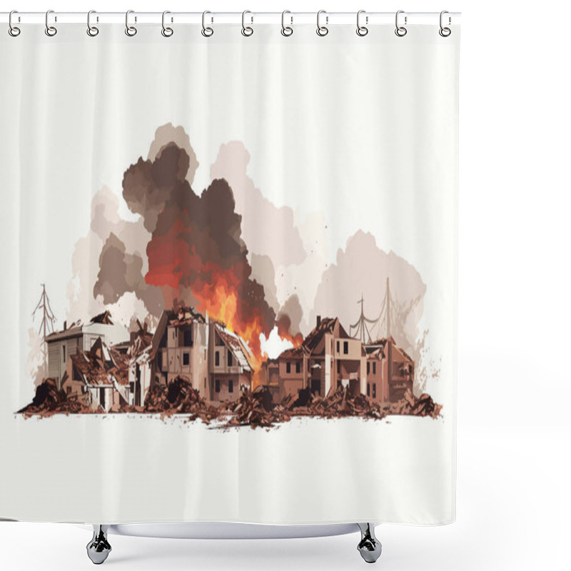 Personality  Destroyed City Demolished Buildings Fire Smoke Isolated Illustration Shower Curtains