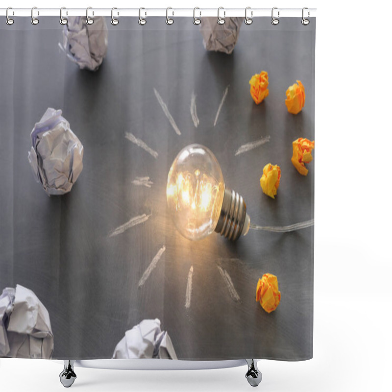 Personality  Education Concept Image. Creative Idea And Innovation. Light Bulb As Metaphor Over Blackboard Shower Curtains