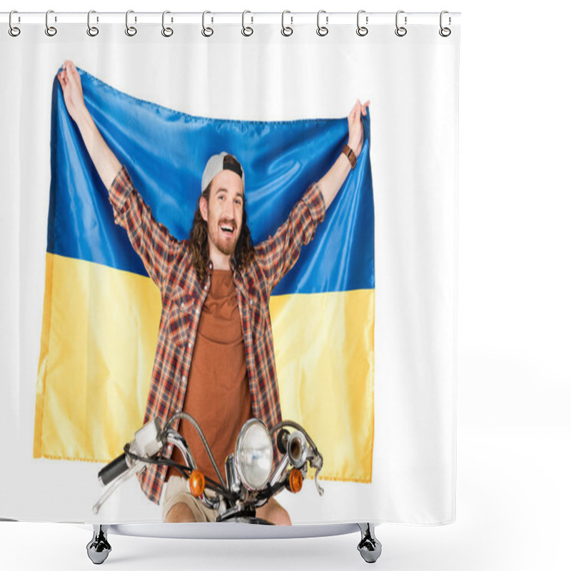 Personality  Young Man Sitting On Red Scooter, Holding Ukrainian Flag In Air Isolated On White Shower Curtains