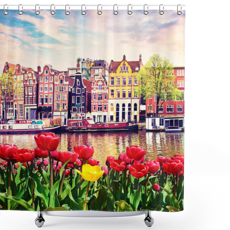 Personality  Amazing  Landscape With Tulips And Houses In Amsterdam, Holland. Amazing Places. Popular Tourist Atraction. Shower Curtains