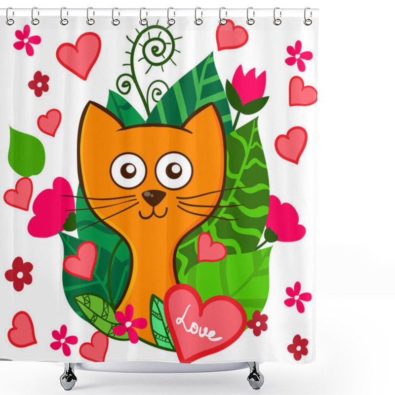 Personality  Valentine Day Funny Cartoon Kitten With Pink Hearts And Flowers Shower Curtains