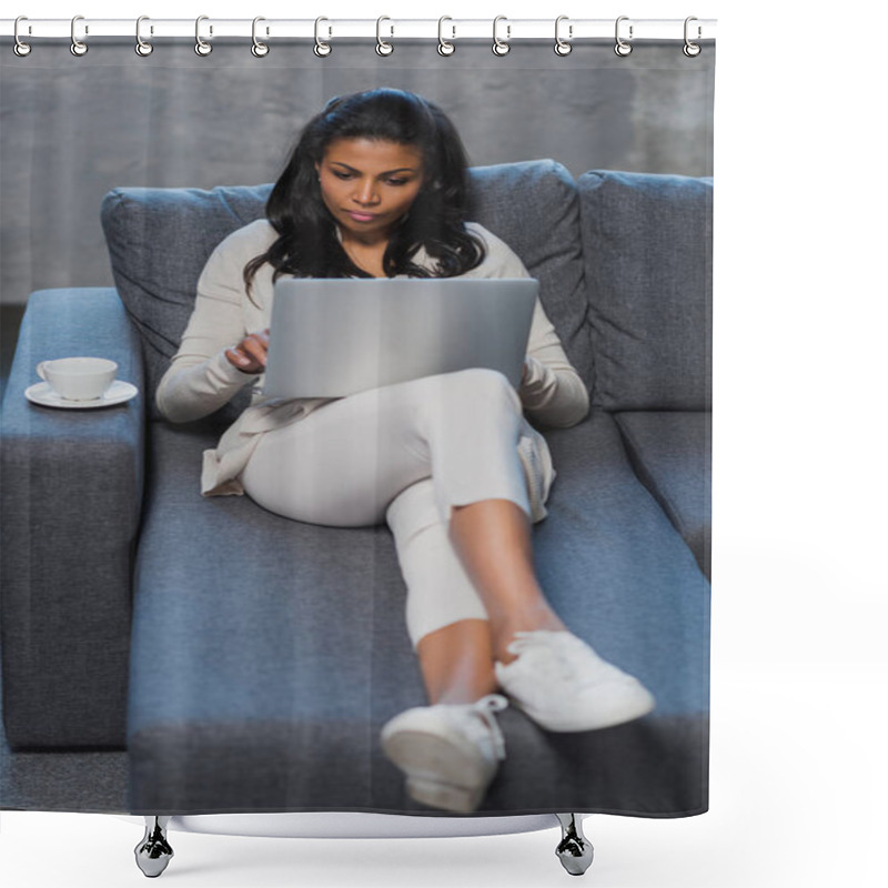 Personality  Woman Using Laptop At Home Shower Curtains