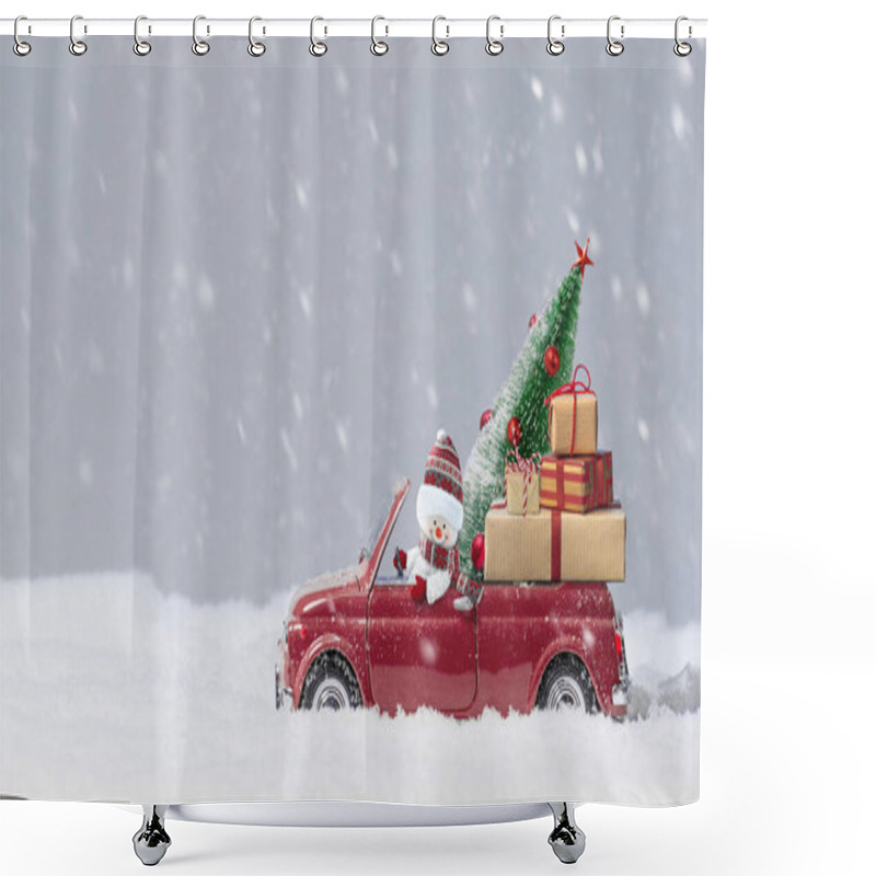 Personality  Snowman In Red Car Delivering Christmas Tree And Presents At Snowy Background. Shower Curtains