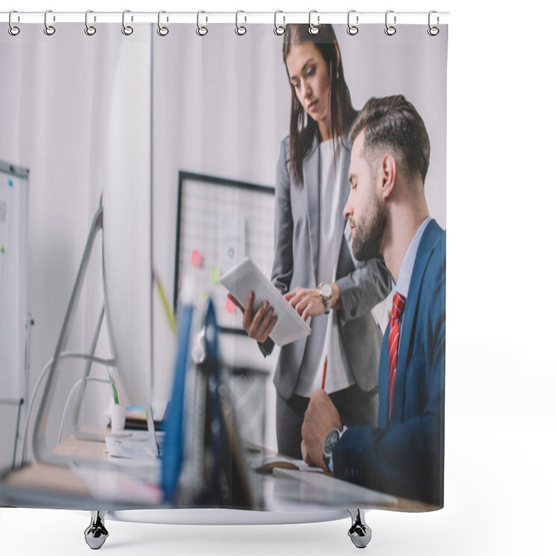 Personality  Selective Focus Of Data Analyst Using Digital Tablet Near Colleague At Table With Computers  Shower Curtains