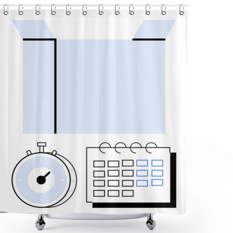 Personality  Open Box With Stopwatch And Calendar Emphasizes Timely Delivery, Scheduling, And Organization. Ideal For Logistics, Deadlines, Project Planning, Shipping, E-commerce, Productivity And Abstract Line Shower Curtains