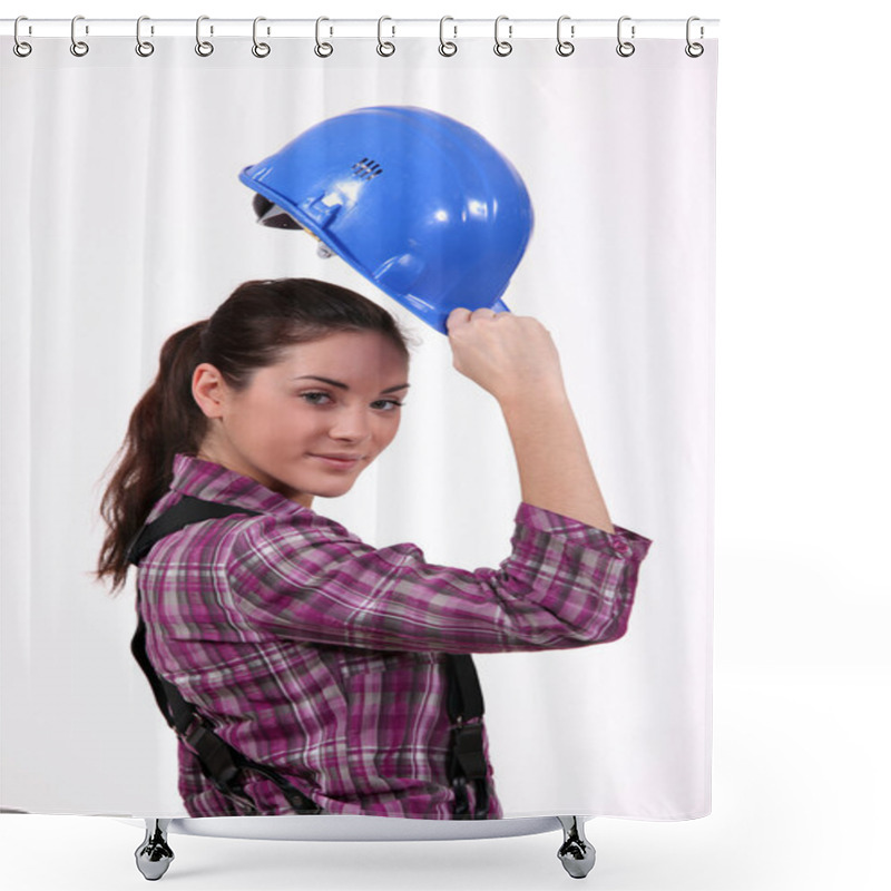 Personality  Woman Raising Her Hard Hat Shower Curtains