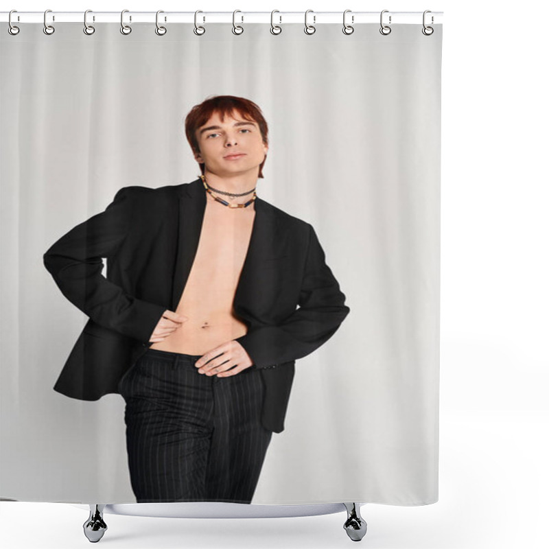 Personality  Stylish Young Man In A Suit Striking Poses Against A Grey Backdrop In A Studio Setting. Shower Curtains