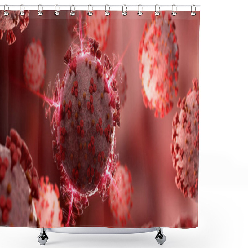 Personality  Microscopic Close-up Of The Covid-19 Disease. Red Coronavirus Illness Spreading In Body Cell. 2019-nCoV Analysis On Microscope Level 3D Rendering Shower Curtains